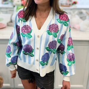 Blue & White Striped Hibiscus Cardigan